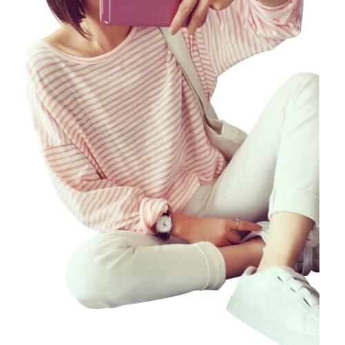 Spring Autumn New Style Women T-shirt Fashion Striped Color Long Sleeve O Neck Cotton T shirt Femme Casual Loose Women Tops
