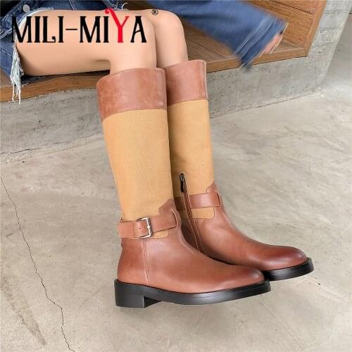 MILI-MIYA Handmade Round Toe Thick Heel Top Mixed Color Patchwork Knee High Boots Autumn Buckle Decoration Zipper Casual Shoes