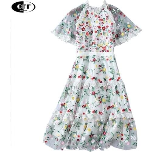 Sweet Flower Embroidery Lace Dress Summer Women Mesh Patchwork Runway Longue Short Sleeve Casual Party Princess Mesh Dresses ZA