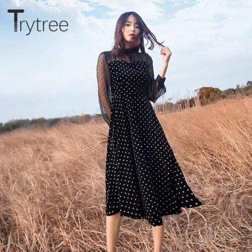 Trytree 2020 Spring Autumn Women Casual Stand Collar Dress Patchwork Dot Mesh A-line Fashion Black Office Lady Mid-Calf Dress