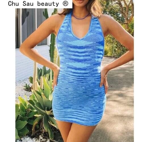 New Autumn Hip-packed Knit Sexy Backless Sling Mini Dress Women Street Style Fashion Contrast Color Slim dresses Female Vestidos