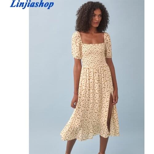 Vintage Floral Print Chiffon Dress Women Elegant Square Neck Sexy Slits Vestido Female Summer Holiday Party Dresses