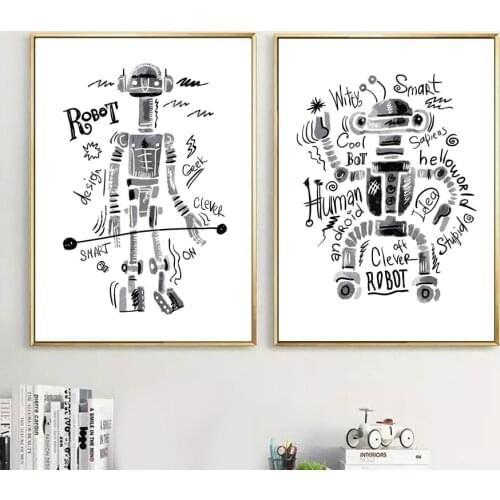 Black White Armor Robot Cartoon Quote Wall Art Canvas Painting Nordic Posters And Prints Wall Pictures Kids Room Nursery Decor