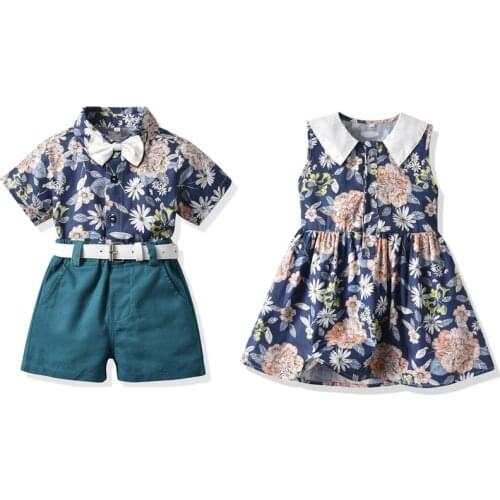 Summer New Sister And Brother Outfits Baby Boys Short Sleeve Floral Shirts+shorts 2pcs Set Lapel Floral Vest Dresses For Girls