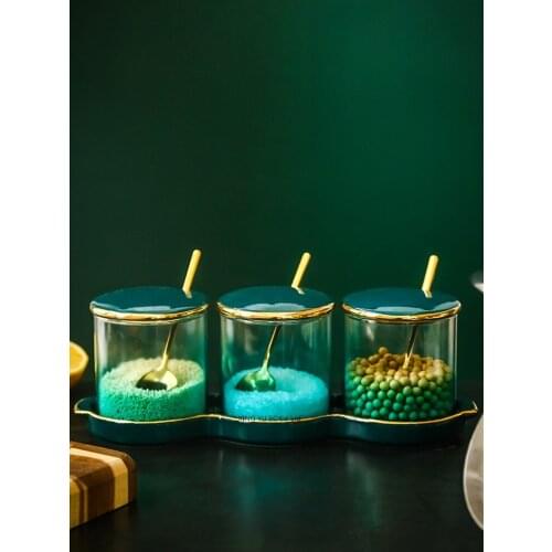 Creative glass jar sugar jar household seasoning jar with spoon salt MSG seasoning box ceramic tray kitchen supplies storage jar