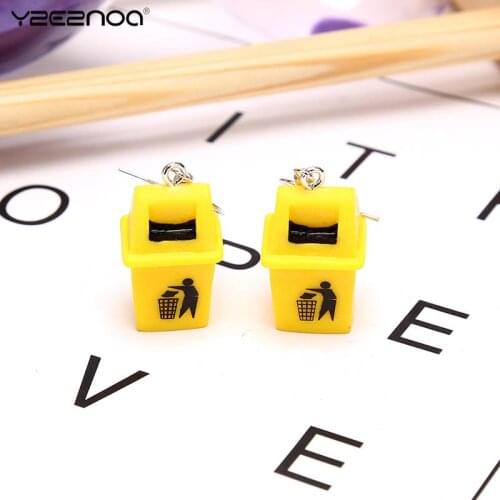 Creative Handmade Exaggerated Funny Yellow Trash Can Drop Earrings Fashion New Design Dangle Earrings Jewelry