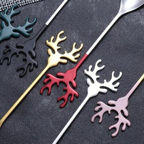 Stainless Steel Coffee Stirring Spoon Cartoon Elk Ice Cream Spoon Dessert Spoon Long Handle Spoon Teaspoon Kitchen Accessories