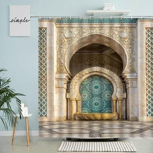 Moroccan Fountain Shower Curtain Retro Old Geometric Rattan Pattern Building Door Bathroom Decor With Hooks Waterproof Screen