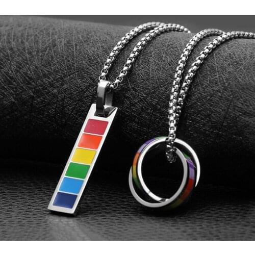 Cute Colorful Rainbow Rectangle Round Circle Pendant Stainless Steel Necklace Chain Jewelry Sweetheart for Women Man Girl Gifts