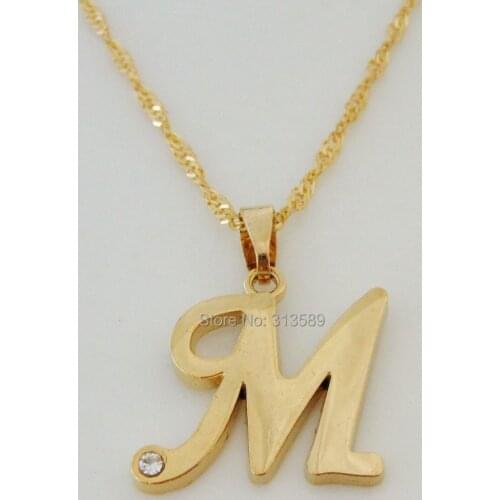 Min order 10$ CAN MIX WITH OTHER STYLE - YELLOW - GOLD GP 18" NECKLACE& 26 LETTERS LETTER M INITIAL INITIALS PENDANT CZ