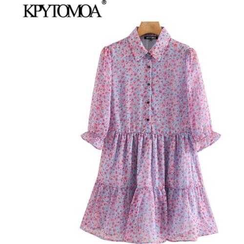 KPYTOMOA Women 2020 Sweet Fashion Floral Print Ruffled Mini Dress Vintage Lapel Collar Short Sleeve Female Dresses Vestidos