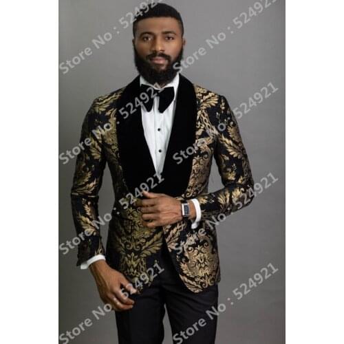 Men Suits Black and Gold Pattern Groom Tuxedos Shawl Velvet Lapel Groomsmen Wedding Best Man ( Jacket+Pants+Bow Tie ) C710
