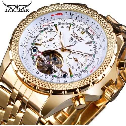 Jaragar Mens Golden Automatic Self-Wind Watch Big Dial Calendar Function Relogio Masculino Mechanical Watches Steel Strap Clock