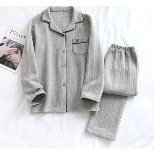 Mens Pajamas Set Autumn and Winter Long-sleeved Knitted Cotton Home Clothes Warm Thick Striped Plaid Simple Plus Size Pajamas