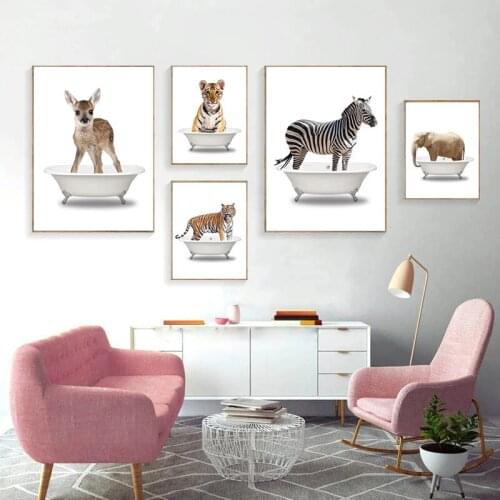 Elephant lion zebra giraffe Deer tiger Bathtub Wall Art Canvas Painting Posters And Prints toilet Wall Pictures baby Room Decor