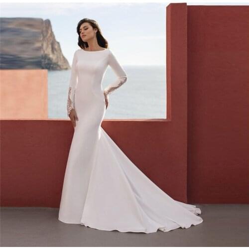 Natural Slim White Lace Sleeves Mermaid Wedding Dresses Sexy Open Back Simple Long Custom Bridal Gowns Simple White Spring