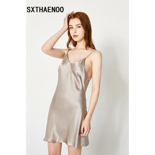 SXTHAENOO 100% Mulberry Silk Nightgown Women Slim Fit Ladies Backless Nightie Chemises Slip Sleepwear Satin Nightwear