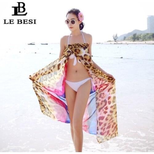 LEBESI 2017 New Cover Ups Leopard Printing Pareo Gauze Beach Suit Skirt Transparent Covers Chiffon Long Sleeve Wrap Tunic Praia