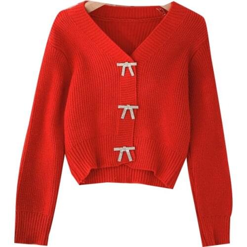 2021 New Spring and Autumn Womens Sweet Bow-knot Slim Short Wild Knit Top Womens Age-reducing Long-sleeved Sweater