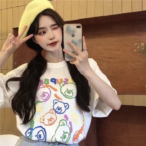 2021 summer new Korean cartoon bear head print short-sleeved T-shirt loose casual college style T-shirt women