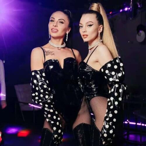 New Pole Dance Black Patent Leather Sexy Jumpsuit White Dot Sleeves For Women Adult Nightclub Female Singer Rave Outfits DWY5970
