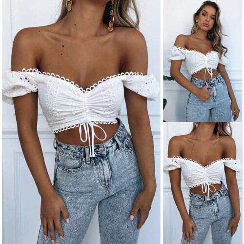 Solid Color Off Shoulder Slash Neck Cropped Shirt Top Hollow Out Lace Up Chest Short Puff Sleeve Slim Sexy Elegant Blouse Top