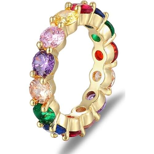 Luxury Fashion Round Design Rainbow CZ Zirconia Rings Crystal Rhinestone Charm Rings Jewelry Gift For Women Engagement Party