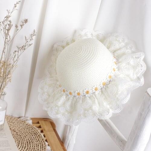 2021 5 Colors Newborn Toddler Kids Girls Hats Boho Straw Hat Sunflowers Print Lace Sunhats Outfits Summer Sun Protection 2-6Y