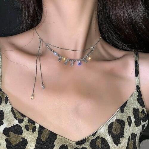 U-Magical Bling Bling Rhinestone Double-Layer Metallic Chain Chokers Necklace for Women Asymmetric Long Tassel Necklace Jewelry