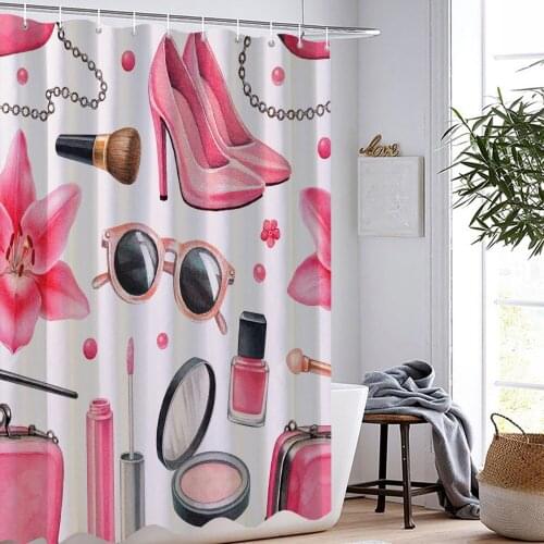 High Heels Shower Curtain Cartoon Makeups Shower Curtains For Girls Washable Bathroom Curtain Toilet Cover Morden Bath Curtain