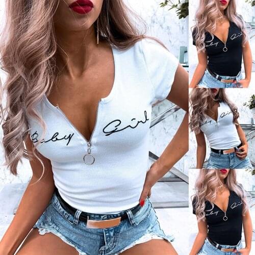 2021 Summer Sexy Deep V Neck Zipper Womens T Shirts Tops Fashion Casual Solid Short Sleeve Letter Print Lady All-match T Shirt