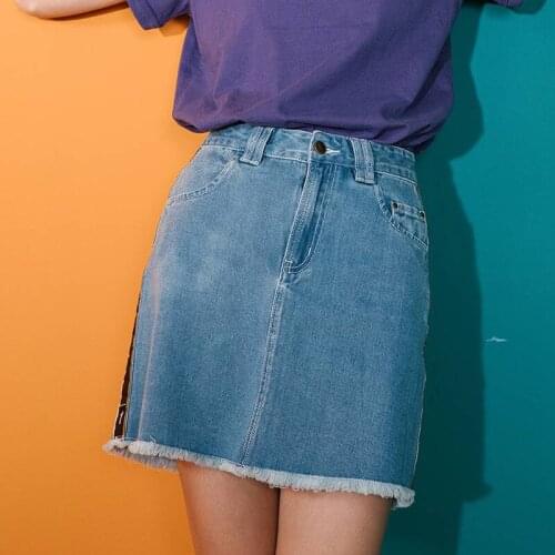 England Fashion Design Preppy Style Women Denim Skirts Running Printed Ribbon Side Girls Mini Skirt Above Knee 2018 Summer