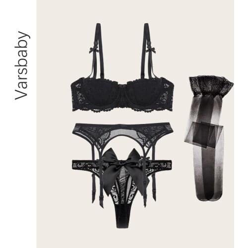 Varsbaby Women 4-Piece Set Sexy Lace Lingerie Half Cup Bra + Bow G-string + see-through Garter Belt + stocking Black