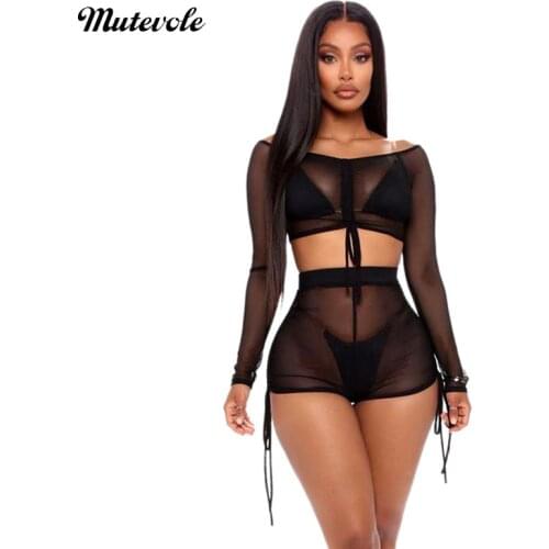Mutevole See Through Black Mesh Two Piece Set Women Sexy Transparent Party Outfit Bandage Long Sleeve Crop Top and Shorts Set