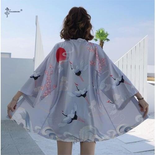 New Japanese Kimono Yukata Girl Women Cardigan Crane Print Casual Shirt Femme Asian Kimono Cosplay Costumes Tops Beach Jacket