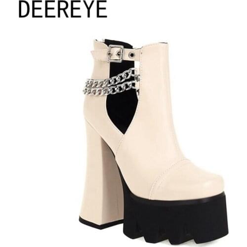2021 Women PU Ankle Boots Side Hollow Silver Chain 15CM Chunky High Heel Buckles Platform Square Toe Back Zipper Party Booties