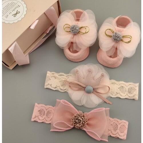 3Pcs/Set Cute Baby Girls Headband Socks Set Lace Bow Newborn Turban Elastic Headbands Anti-slip Sock For Dancer Hair Accessories