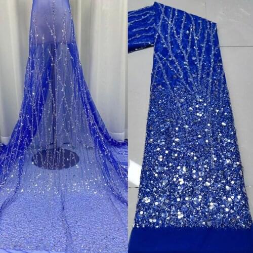 5yards/pc) Royal blue sequins tube beads African wedding tulle lace bling bling French net lace for party dress FJY396
