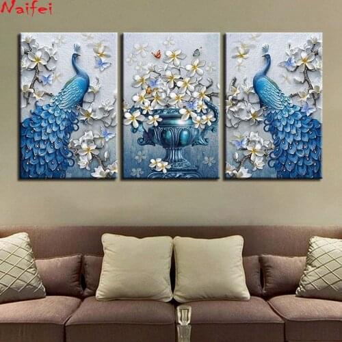 5d Diamond Painting Full 3 Pieces Blue Peacock Diamond Embroidery Mosaic Orchid Flower Butterflies Rhinestone Pictures Art Home