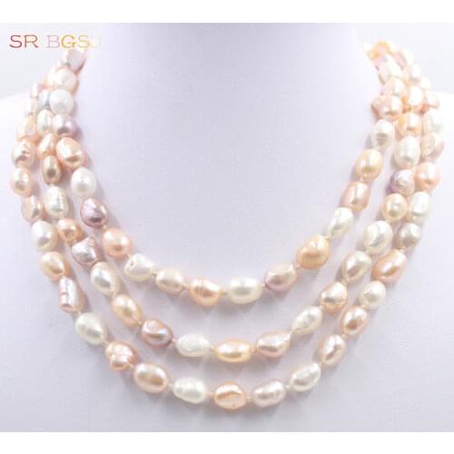 Free Shipping 8x10mm 48" 64" 100" Mixed Colors Freshwater Pearl Beads Knot Jewelry Women Lady Long Necklace 35inch