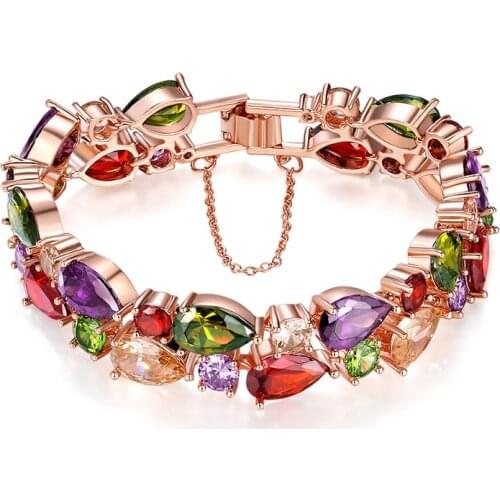 Austrian Crystal Rose Gold Color Mona Lisa Zircon Bracelet Multicolors Stones Chain Bracelet For Women Wedding Retro Bangles