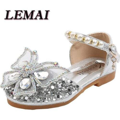Girls Sequin Lace Bow Kids Shoes Girls Cute Pearl Princess Dance Single Casual Shoe 2020 New Childrens Party Wedding Shoes D721