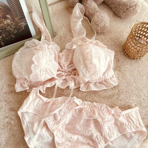 Girly sweet little fresh thin bra panty set embroidered floral bowknot bralette women sexy no steel ring underwear ruffle