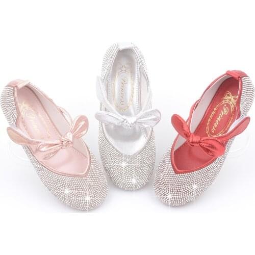 Girls Leather Flats Bow-knot Glitter Leather Shoes for Medium Kids Big Children Soft Dancing Party Performance Bling Pink Silver