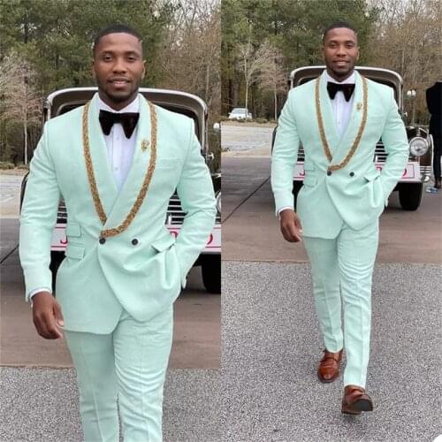 Double Breasted Mint Green Men Suits Wedding Prom Gold Beads Shawl Lapel Costume Homme Terno Masculino Slim Groom Tuxedos Blazer