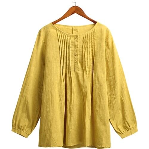 EaseHut Ruched Buttons Long Sleeve Cotton Blouse 2020 White Yellow O-neck Casual Tunic Ladies Tops 5XL Plus Size Summer Shirts