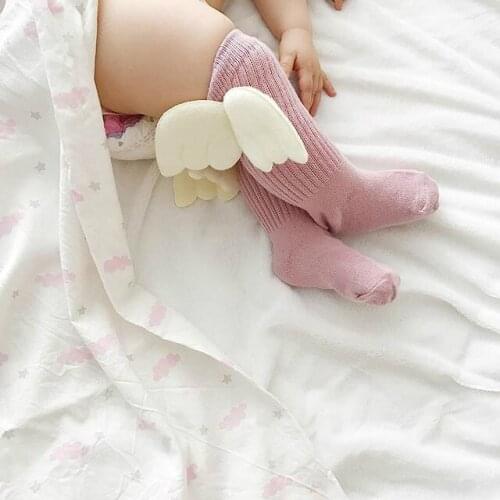New Cotton Baby Cute Knee High Socks 3D Angel Wings Solid Cotton Kids Toddler Candy Color Soft Long Sock Children Leg Warmers