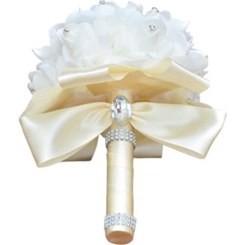 Korean Style Wedding Bridal Bouquet Artificial Flower PE Foam Roses With Faux Crystal Rhinestone Ribbons for Party Church