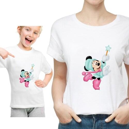 Fashion Disney Matching Family Tshirts Summer Short Sleeve Loose White O-neck Mother Daughter Kids T-shirts Kawaii Family Tops