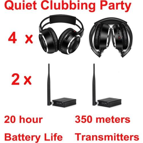 Silent Disco Headset system black folding wireless headphones - Quiet Clubbing Party Package (4 Headphones + 2 Transmitters)